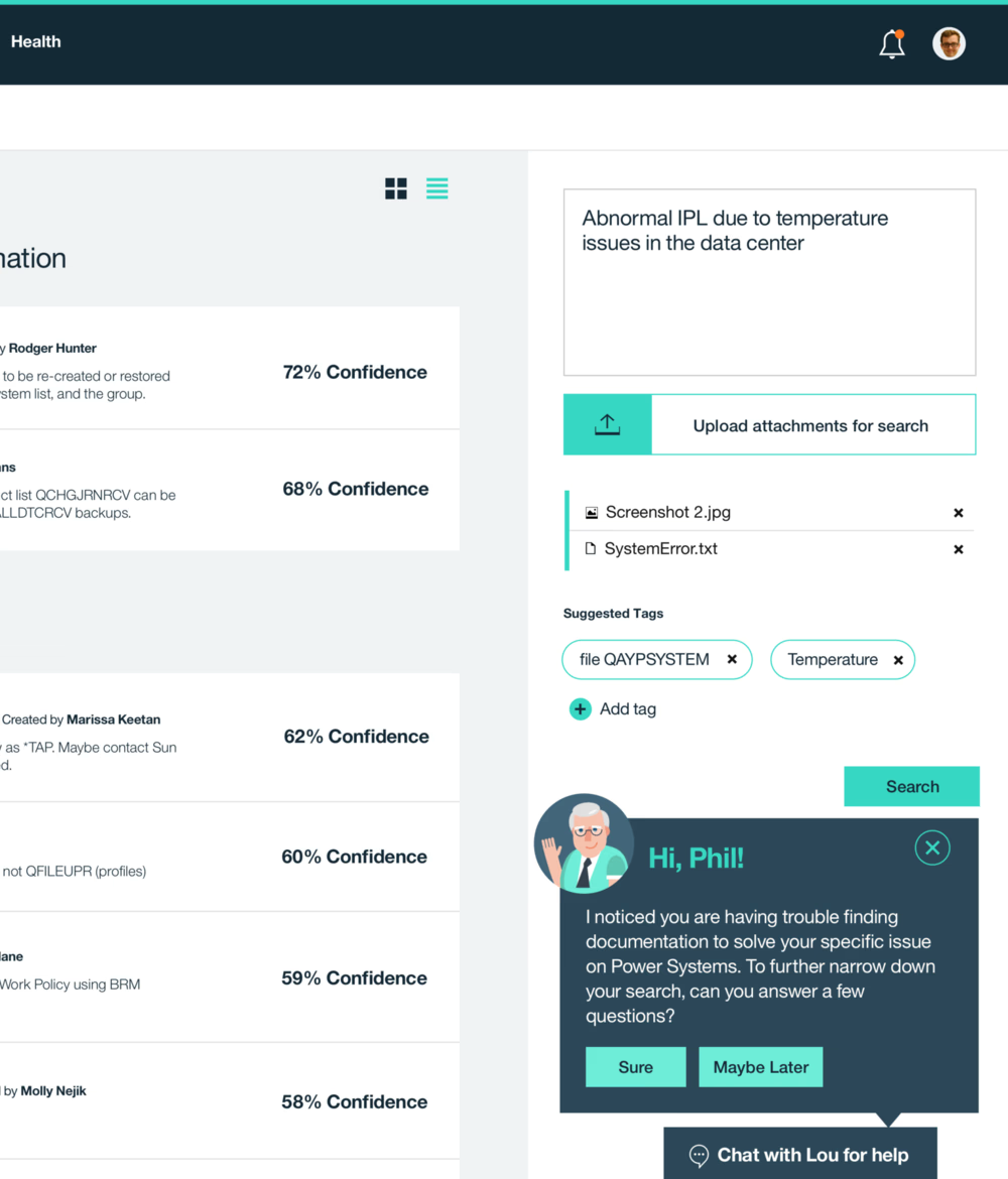 Support portal search page with a chat bot prompting the user to answer follow-up questions to narrow down their issue