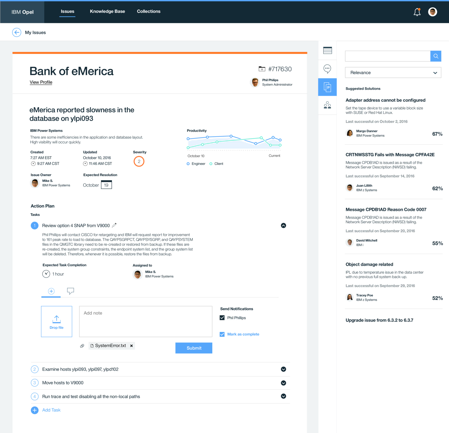 Support ticket action plan with an engineer's note, attached file, and suggested solutions panel side by side for collaborative resolution