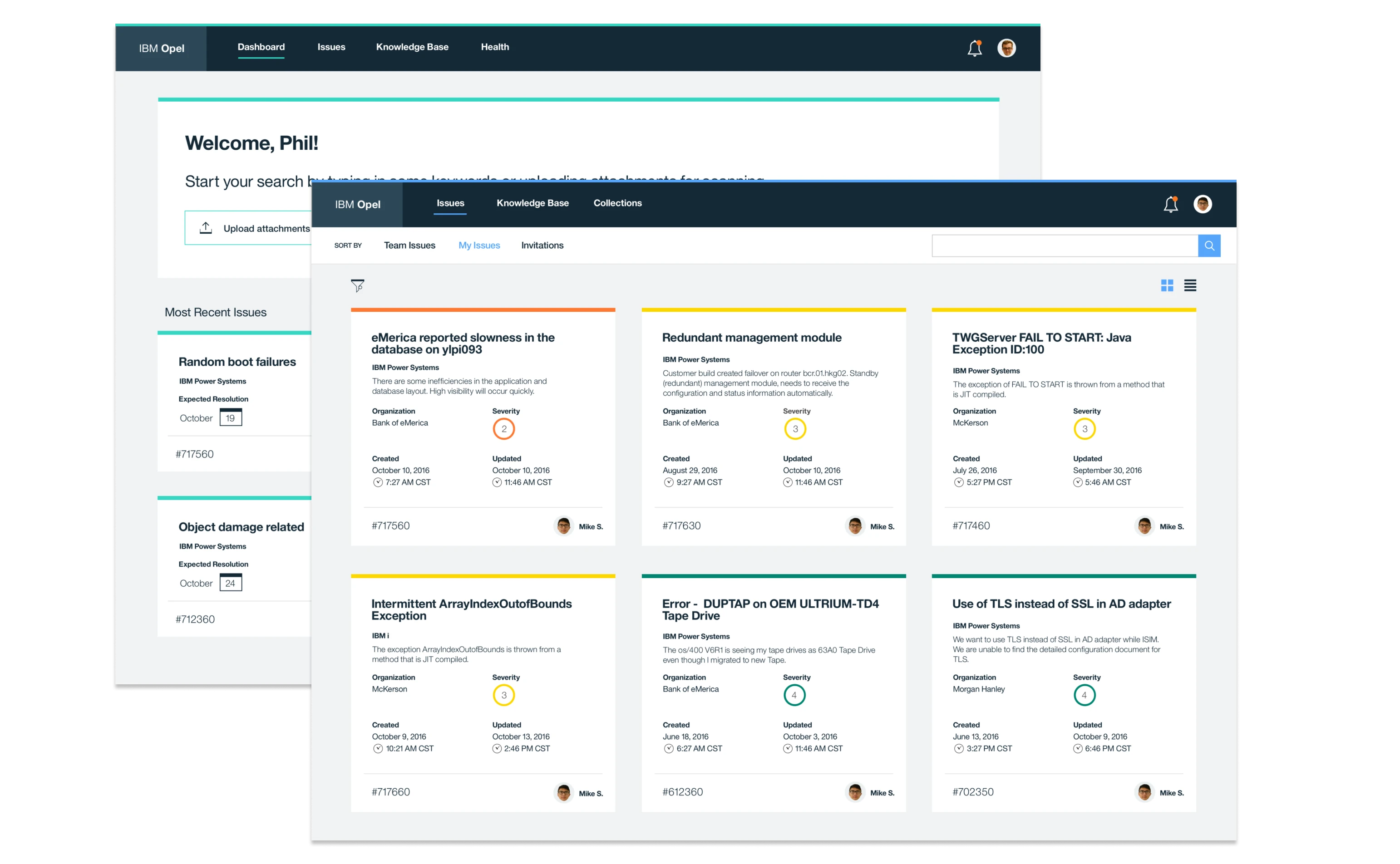 IBM Opel support portal showing the Welcome dashboard with recent issues, and the Issues list view with severity, organization, and status details