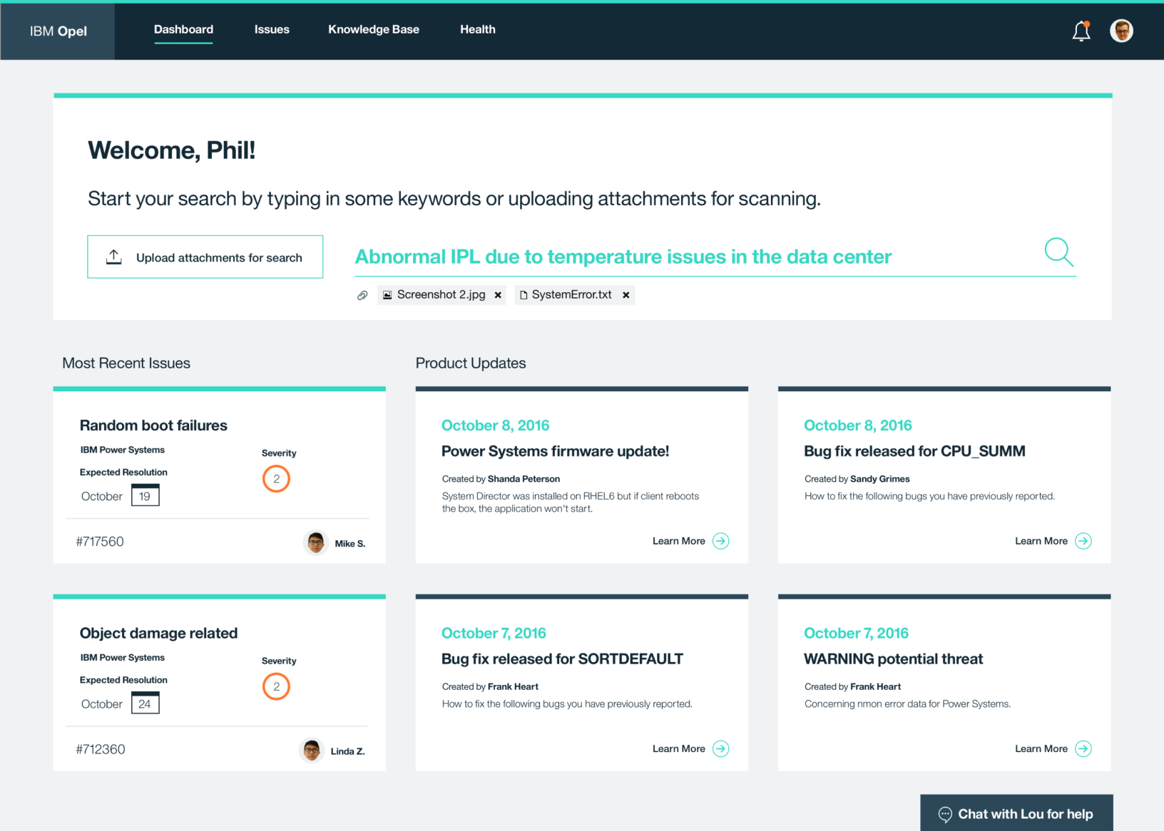 IBM Opel dashboard showing most recent issues, product updates, and a search bar with attachment upload for scanning
