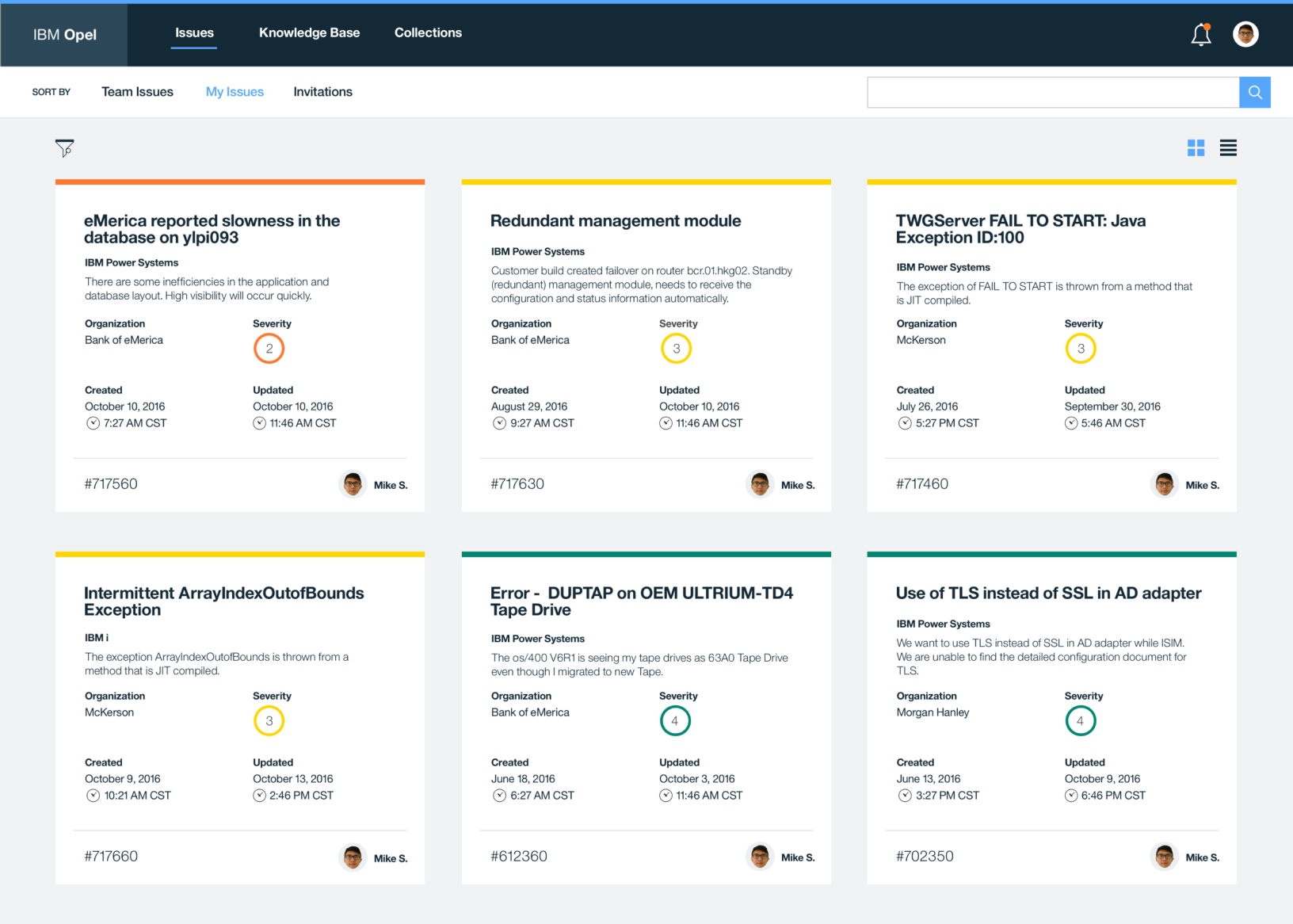IBM Opel issues list view showing six support tickets with severity, organization, and status details