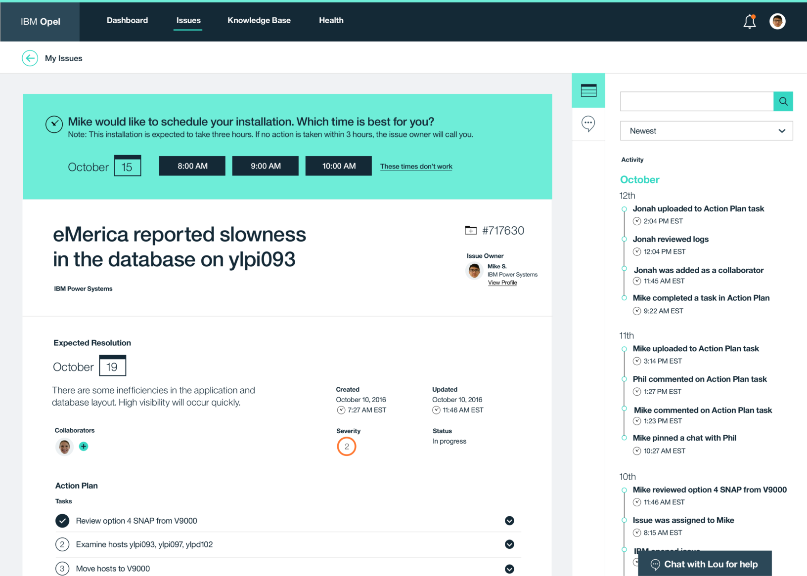 IBM Opel ticket detail page with an installation scheduling prompt and an activity timeline of collaborator actions