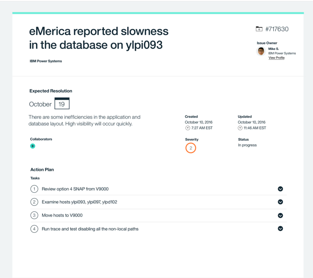 Support ticket detail page showing expected resolution date, severity, status, and a step-by-step action plan