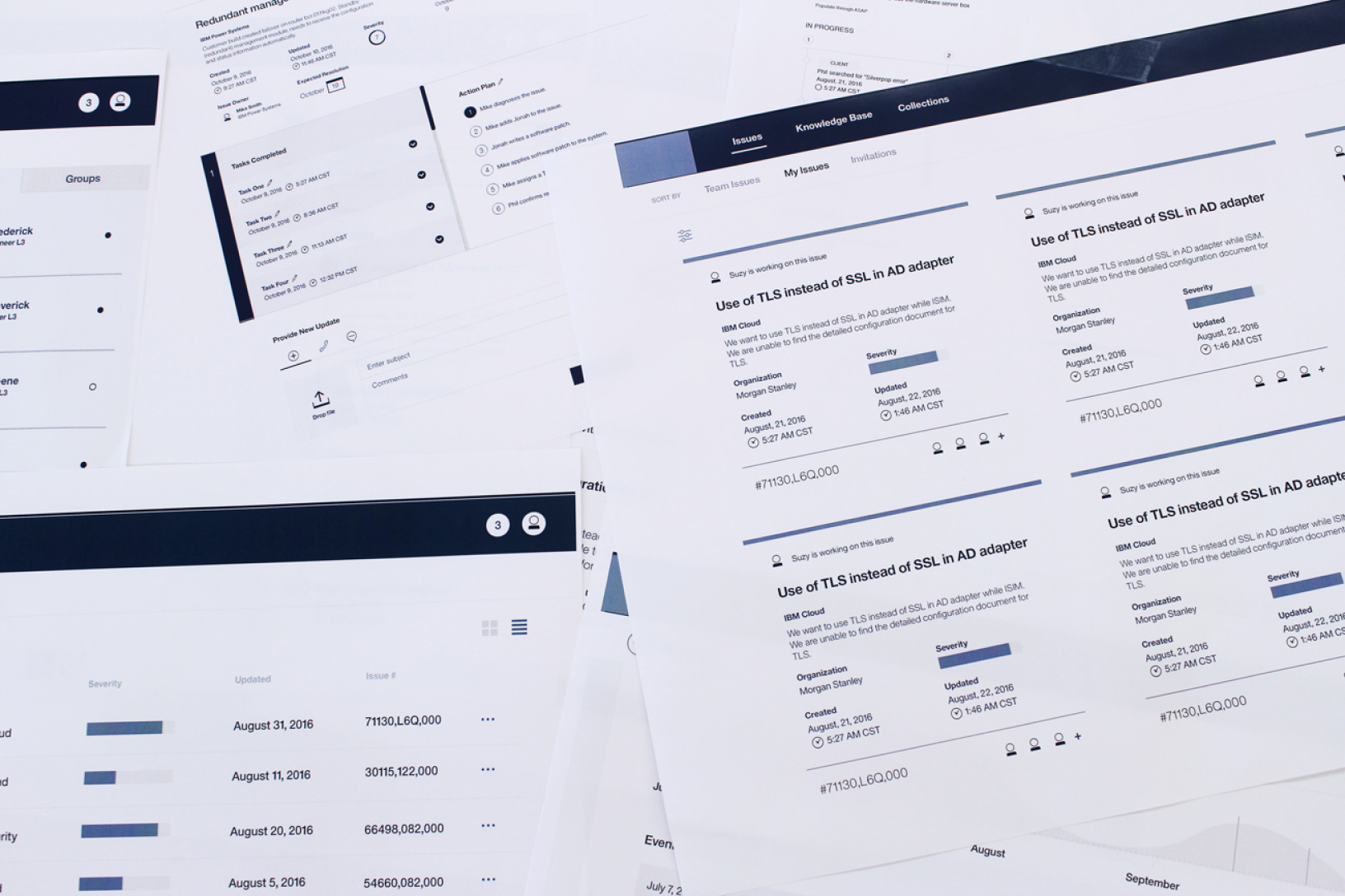 Wireframes of the support portal issue detail and issues list screens, showing task tracking, severity, and organization details