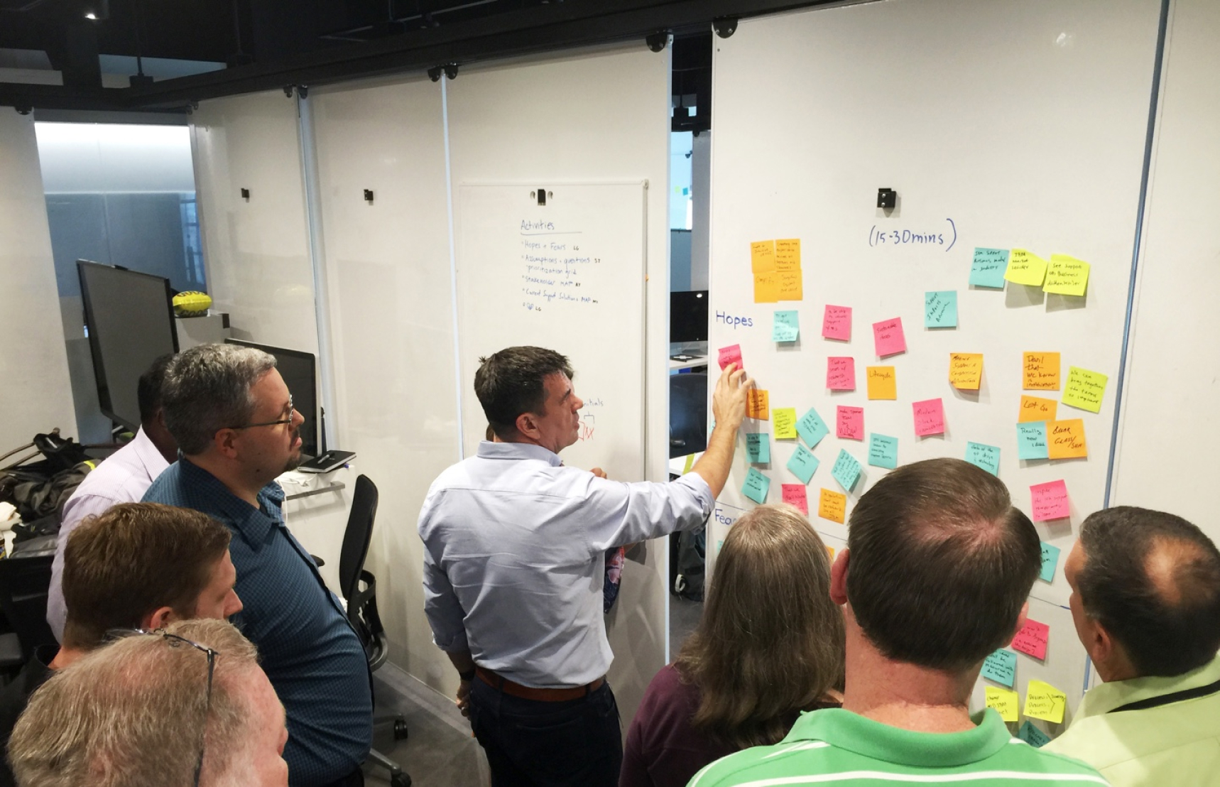Team members sticking notes to a whiteboard during a research workshop covering hopes and fears exercises