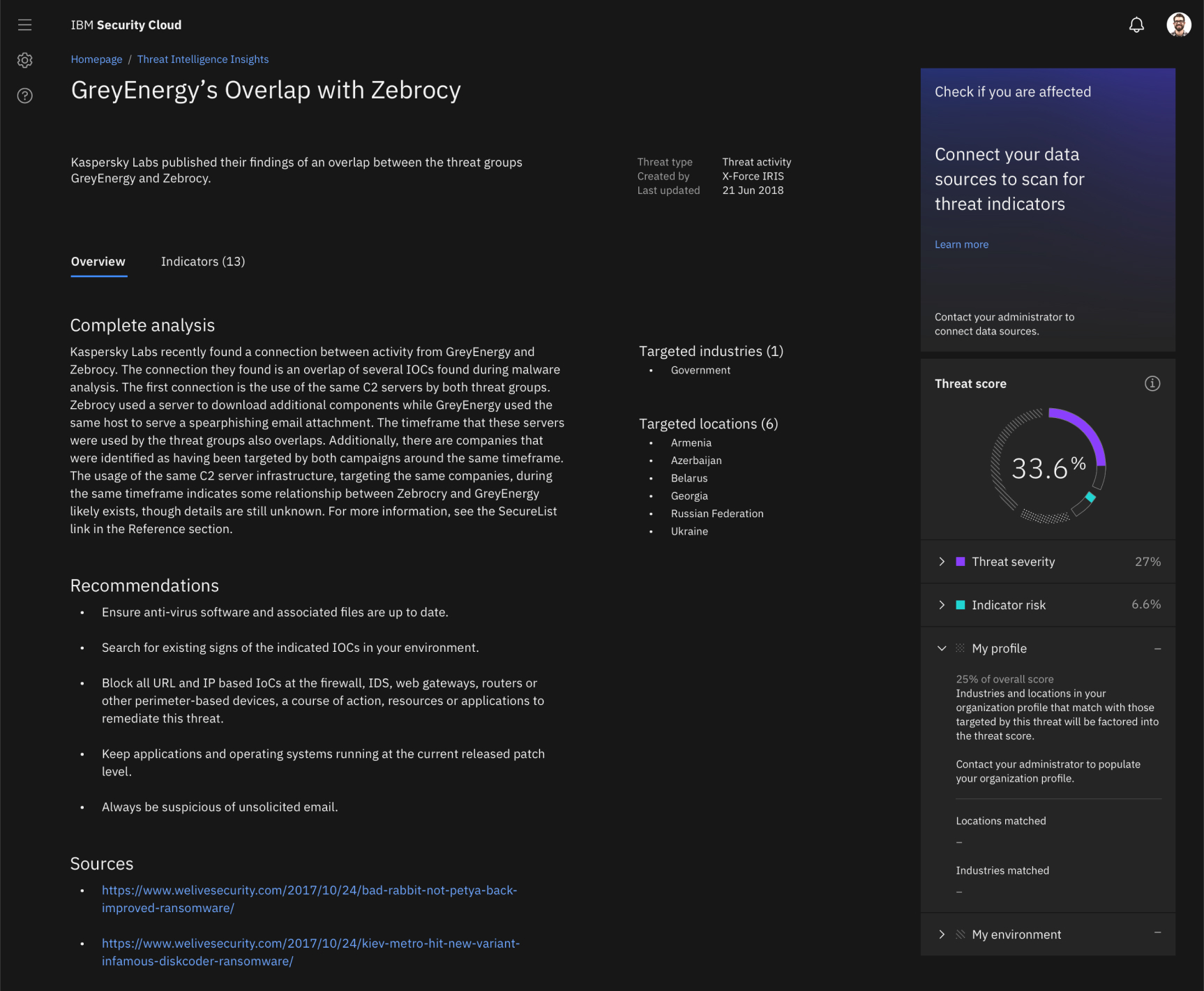 Threat detail page for GreyEnergy's Overlap with Zebrocy, showing complete analysis, targeted industries and locations, and the threat score breakdown